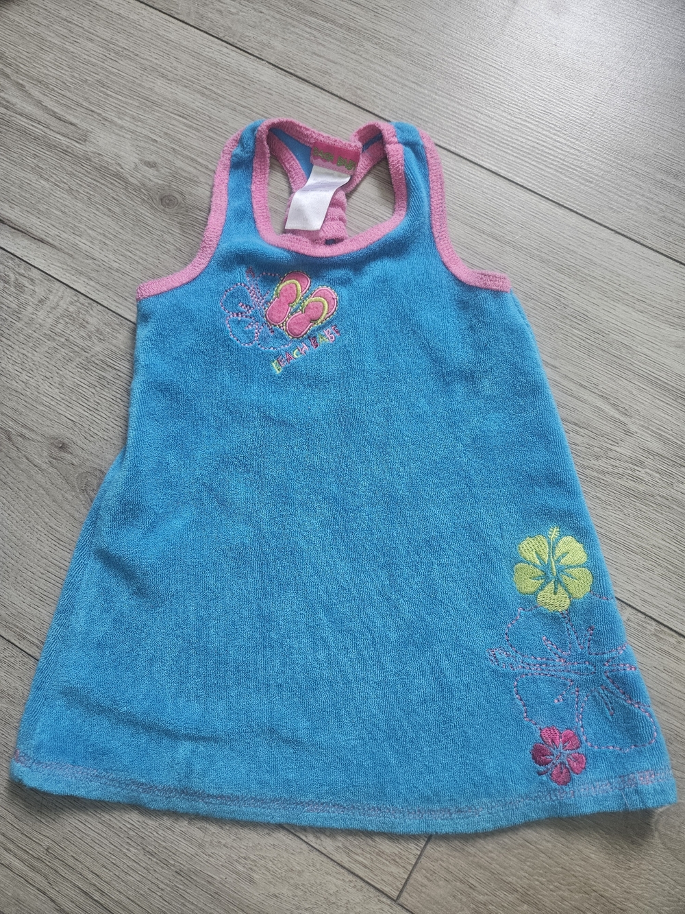 Beach Babe Toddler Girl Blue Terry Cloth Swim Cover-Up Dress Pink Trim Hibiscus